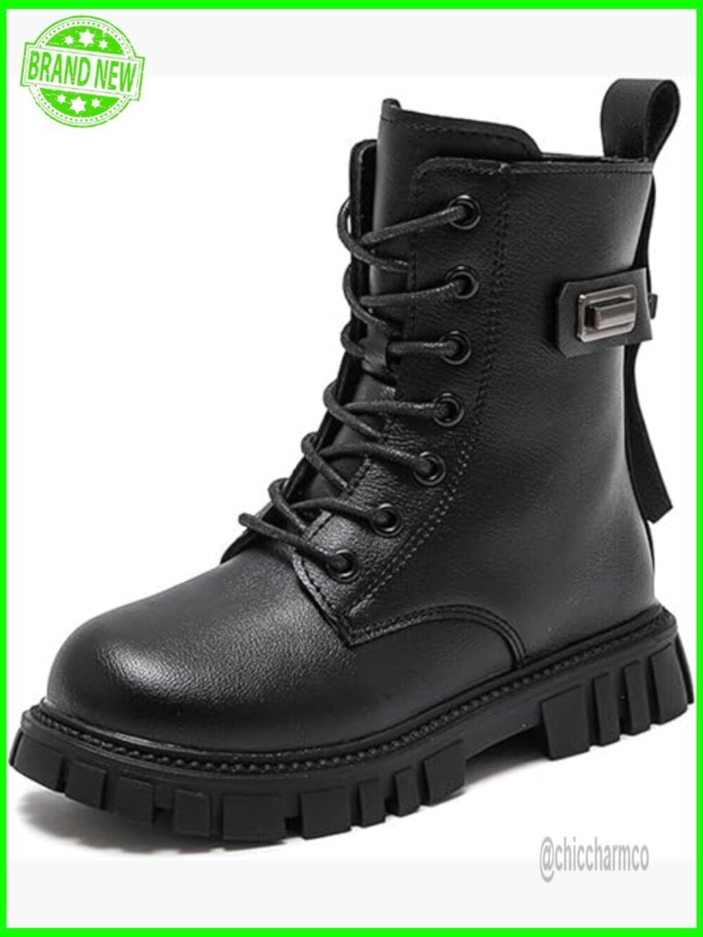 Leather Combat Ankle Booties with Lug Sole and Side Zip - Girls Size 4-11